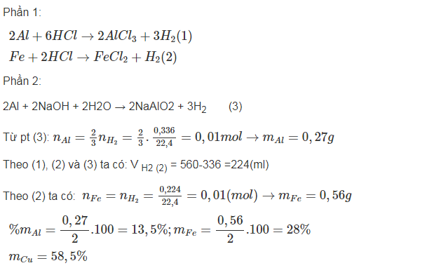 hinh-anh-chia-4-g-hon-hop-bot-kim-loai-gom-al-fe-cu-thanh-hai-phan-deu-nhau--cho-phan-1-tac-dung-voi-luong-du-dung-dich-hc1-thu-duoc-560-ml-h2--cho-phan-2-tac-dung-voi-luong-du-dung-dich-naoh-thu-duoc-336-ml-h2-cac-the-tich-khi-do-o-dktc-tinh-thanh-phan-phan-tram-khoi-luong-cua-tung-kim-loai-trong-hon-hop-4208-0